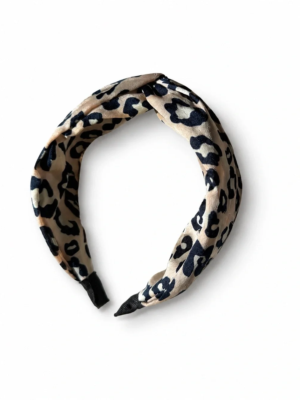 Leopard Print Satin Knot Headband Beige Black Animal Print Hair Accessory